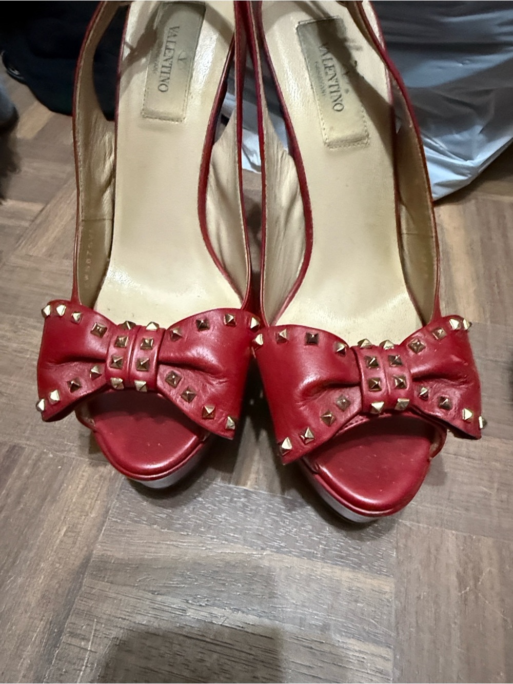 Valentino Red Leather Slingback Heels with Stud Bow 37